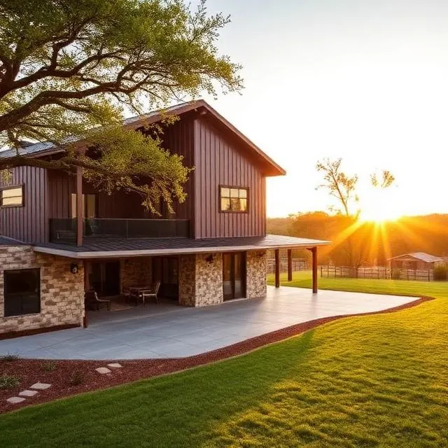 Custom Hill Country barndominium with stone and metal exterior