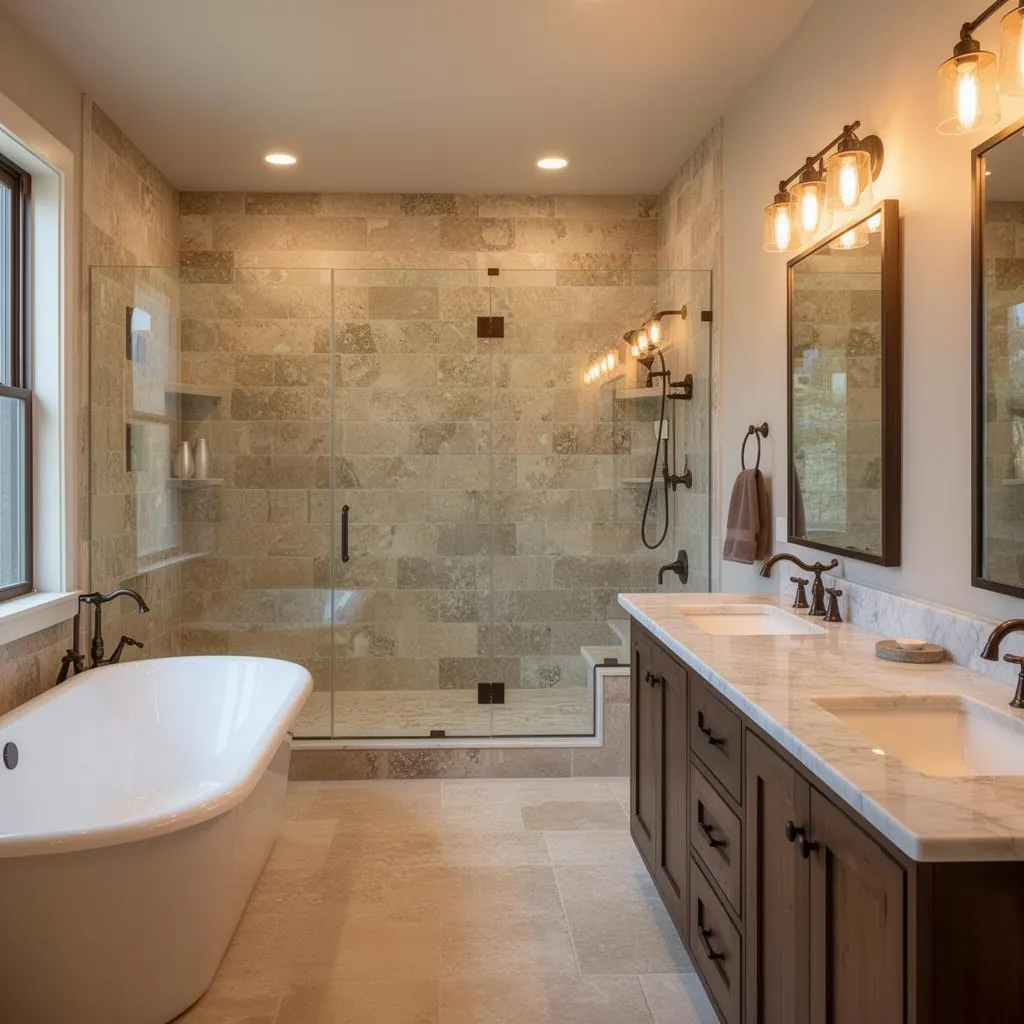 Hill Country bathroom renovation with walk-in tile shower